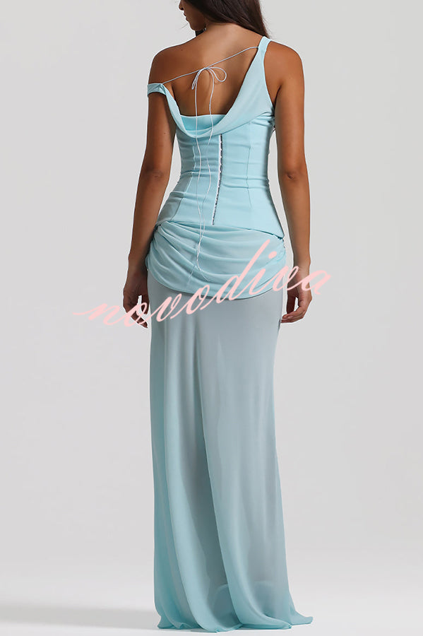 Sculptural Elegance One Shoulder Removable Corset Drape Maxi Dress