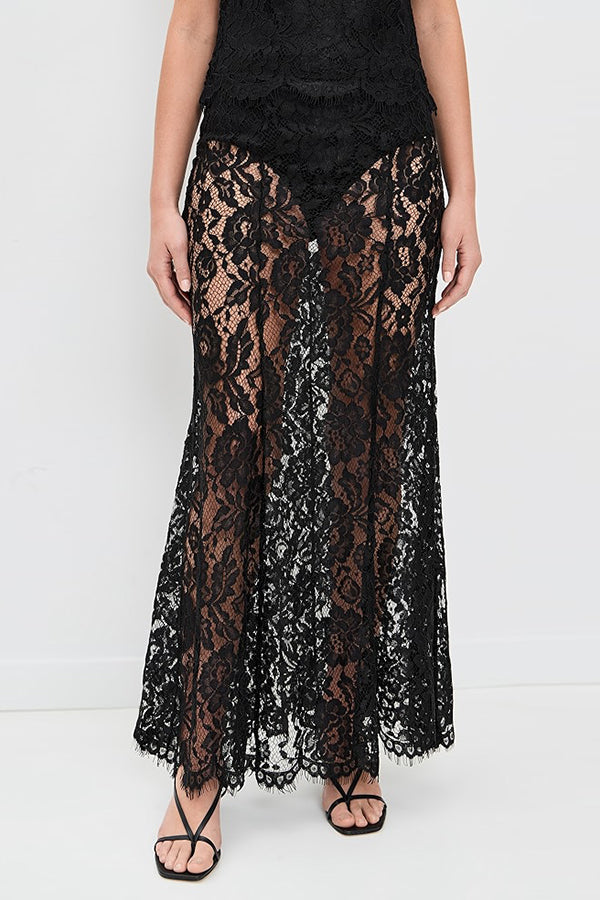Make An Entrance Floral Stretch Lace Mid Rise Flare Maxi Skirt