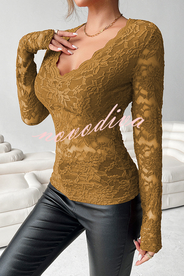 Solid Color Lace V-neck Long-sleeved Slim-fit Top