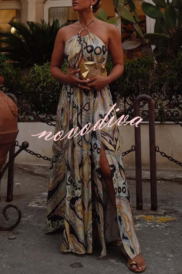 Vacation Feelings Unique Print Halter Ring Cutout Slit Maxi Dress