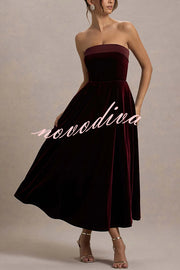 Center of Attention Velvet Satin Neck Bandeau Pleated Midi Dress