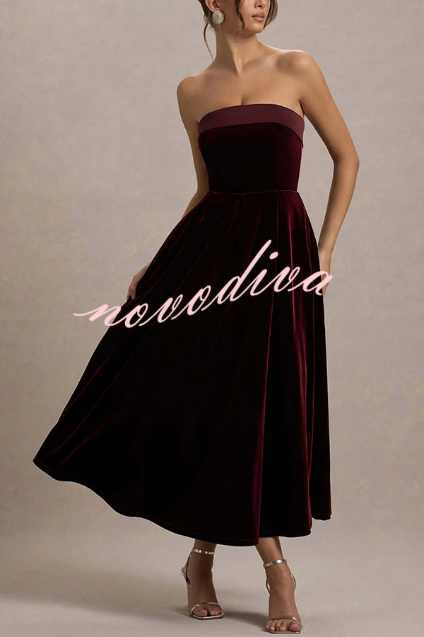 Center of Attention Velvet Satin Neck Bandeau Pleated Midi Dress