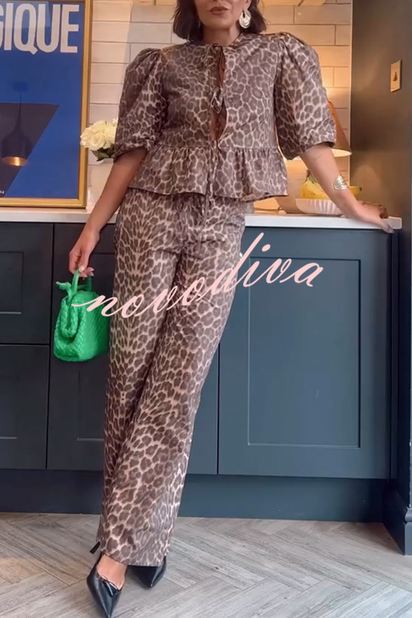 Kiana Leopard Print Peplum Tie Puff Sleeve Shirt and Elastic Waist Pocketed Loose Pants Set