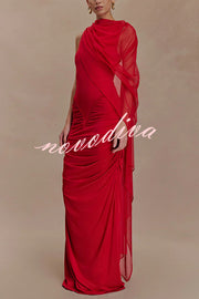 Fashionable Mesh Shawl Sleeveless Slim Fit Pleated Maxi Dress