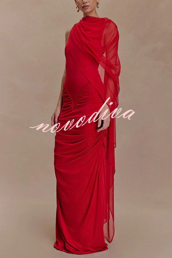 Fashionable Mesh Shawl Sleeveless Slim Fit Pleated Maxi Dress