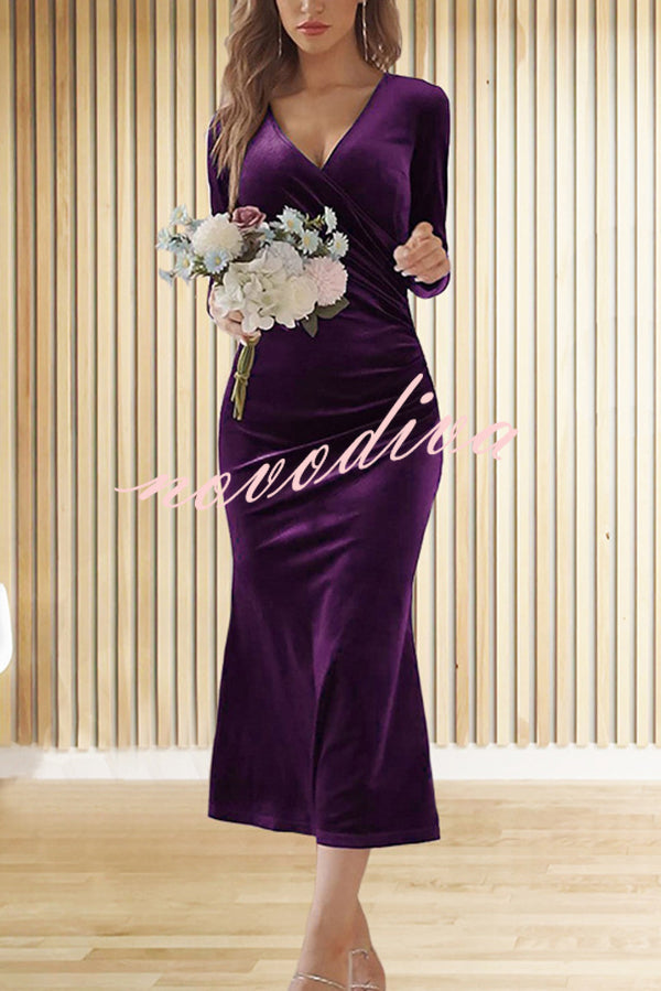 Solid Color Velvet Long Sleeve V-neck Slim Fit Fishtail Maxi Dress