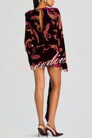 Night Out Velvet Paisley Print Long Sleeve Tie-up Tassel Loose Mini Dress