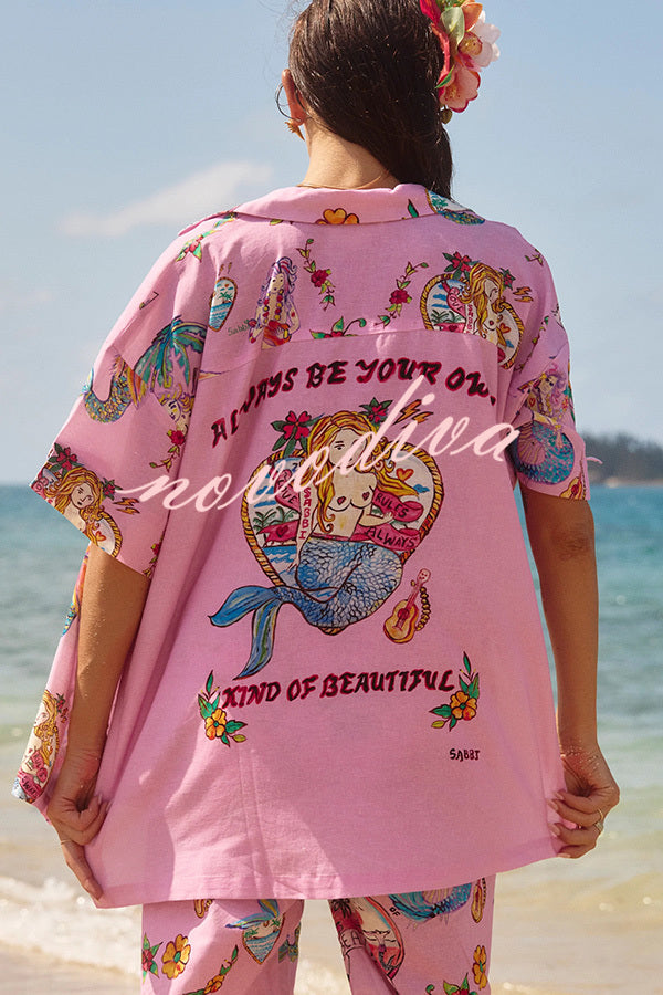 Mermaid Whispers Linen Blend Unique Print Short Sleeve Oversized Blouse