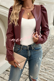 Yelissa Faux Leather Statement Long Sleeve Open Front Crop Jacket