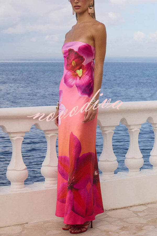 Floral Print Sexy Strapless Backless Holiday Maxi Dress