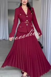 Solid Color Lapel Button Belt Blazer and Pleated Casual Maxi Skirt Set