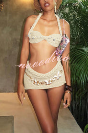 Sexy Halterneck Pearl-embellished Lace-up Tank and Fitted Knit Mini Skirt Set