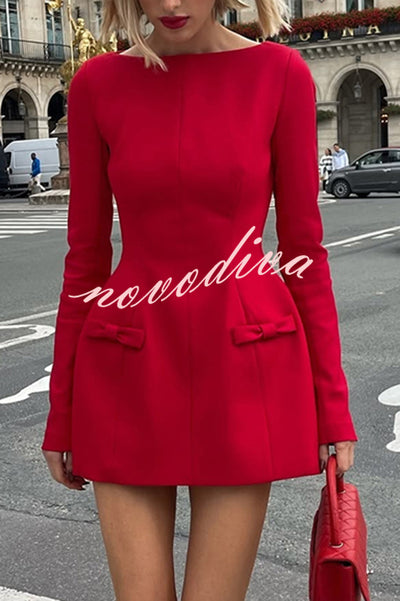 Budding Elegance Bow Detail Boat Neck Long Sleeve Mini Dress