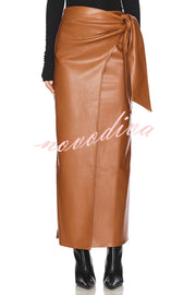 Snappy Casual Slay Faux Leather High Rise Wrap Tie-up Stretch Maxi Skirt