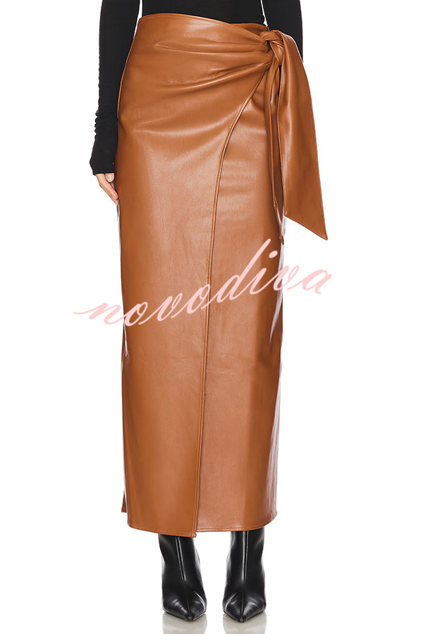 Snappy Casual Slay Faux Leather High Rise Wrap Tie-up Stretch Maxi Skirt