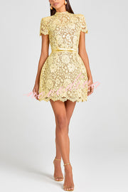 Champagne Toast Flower Lace Short Sleeve Bow Belted Mini Dress