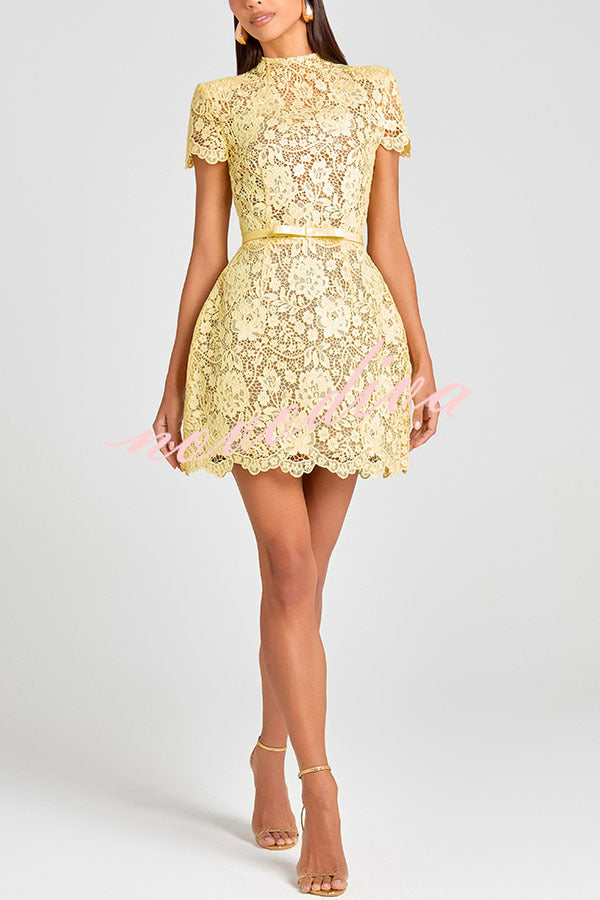 Champagne Toast Flower Lace Short Sleeve Bow Belted Mini Dress