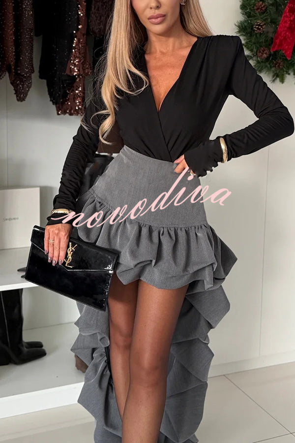 Toast To Midnight Solid Color High Rise Irregular Ruffled High Low Maxi Skirt