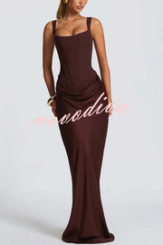 Larrah Square Neck Back Lace-up Satin Drape Hem Maxi Dress