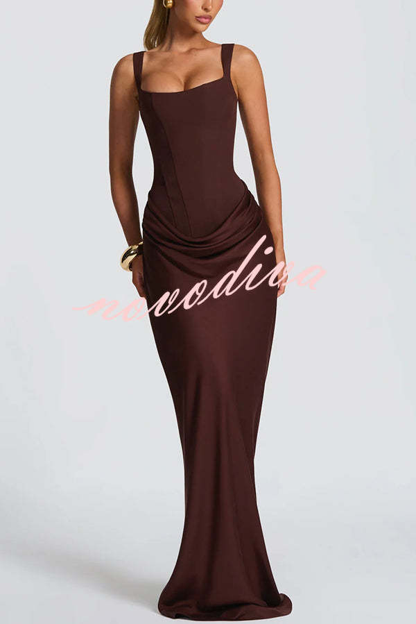 Larrah Square Neck Back Lace-up Satin Drape Hem Maxi Dress