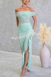 Sexy Mesh Off-shoulder Slim Fit Ruffled Slit Maxi Dress