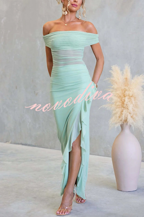 Sexy Mesh Off-shoulder Slim Fit Ruffled Slit Maxi Dress