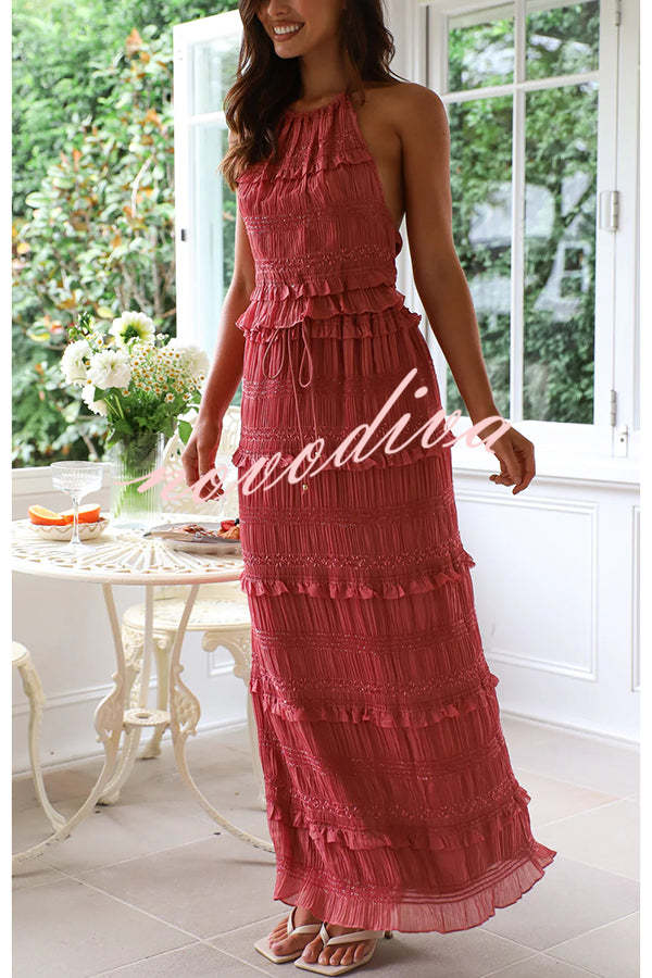 Feel Chic and Romantic Sequin Textured Material Back Elastic Halter Tie Tank and Drawstring Waist Tiered Maxi Skirt Set