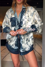 Bohemian Elegant Satin Contrast Color Unique Print Button Up Pocket Loose Blouse