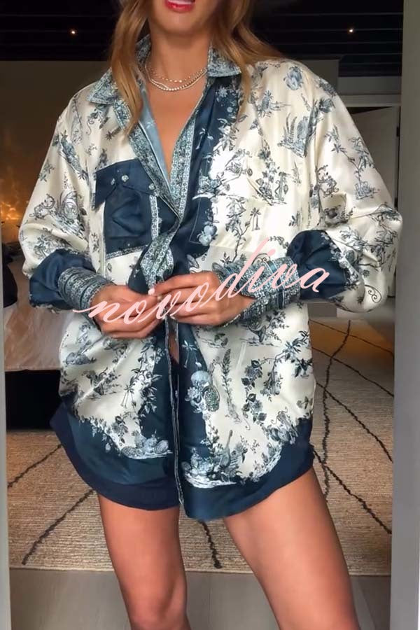 Bohemian Elegant Satin Contrast Color Unique Print Button Up Pocket Loose Blouse