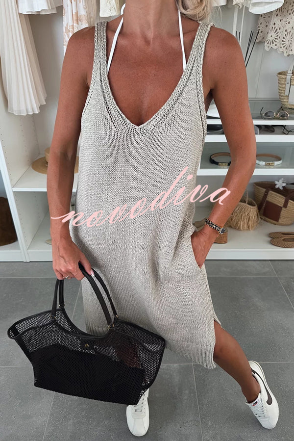 Solid Color V-Neck Sleeveless Casual Pocket Knitted Midi Dress