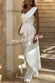 Amena One Shoulder Sweetheart Neck Ruffle Hem Top and Elastic Waist Pocket Wide Leg Pants Set