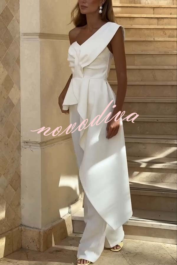 Amena One Shoulder Sweetheart Neck Ruffle Hem Top and Elastic Waist Pocket Wide Leg Pants Set