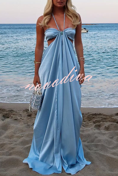 Cinderella Dream Satin Stone Ring Detail Cutout Halter Drape Maxi Dress