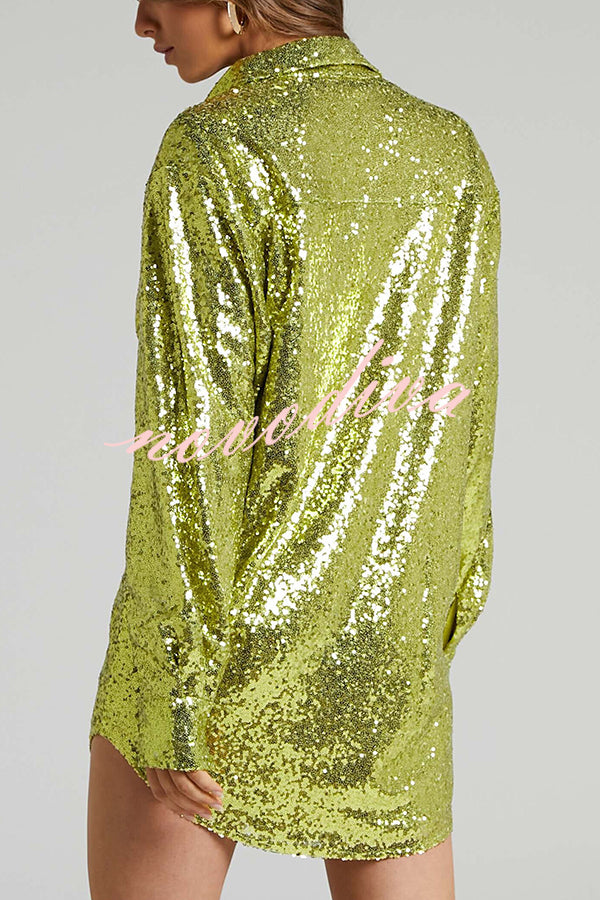 Solid Color Sequined Long-sleeved Casual Mid-length Loose Shirt