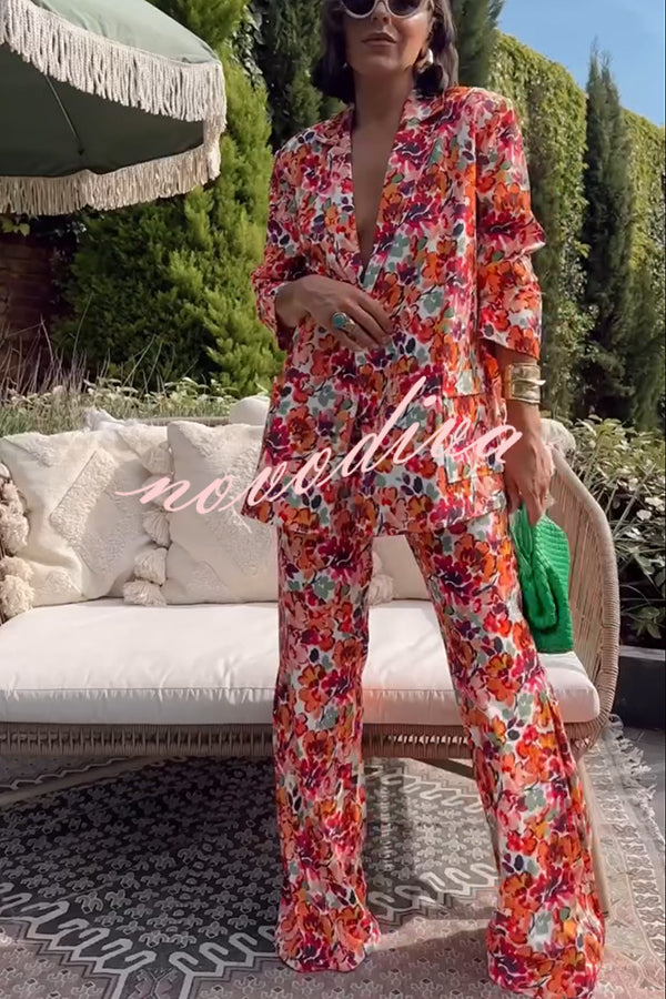 Full of Energy Flower Print Lapel Blazer and Elastic Waist Pocket Pleated Side Hem Pants Set