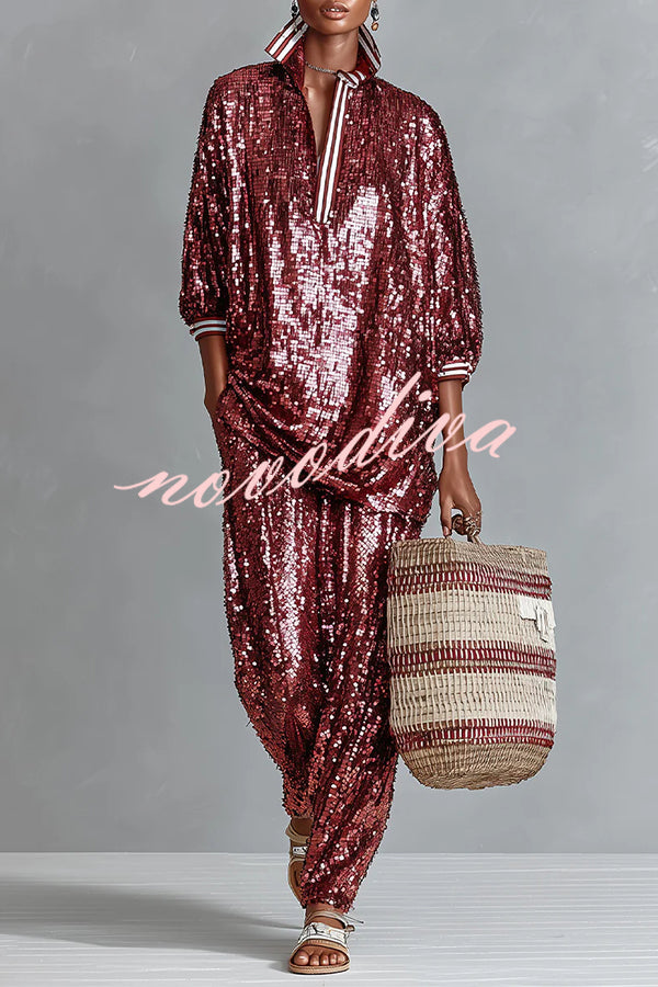 Holiday Honey Sequin Striped Trim Half Sleeve Loose Shirt and Elastic Waist Pocket Wide Leg Pants Set