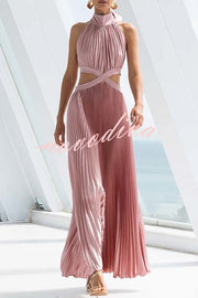 Stunning Choice Satin Pleated Halter High Neck Cutout Waist Backless Maxi Dress