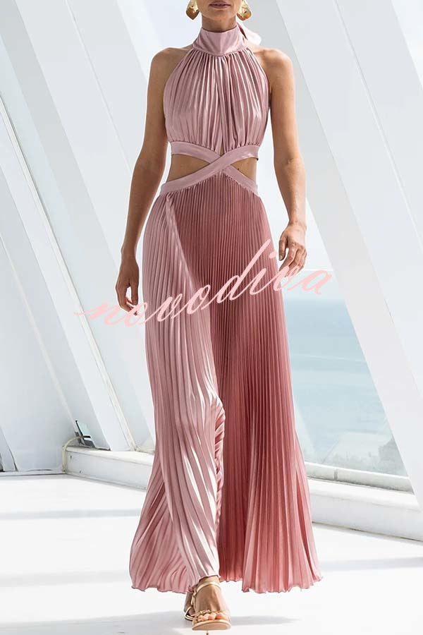 Stunning Choice Satin Pleated Halter High Neck Cutout Waist Backless Maxi Dress