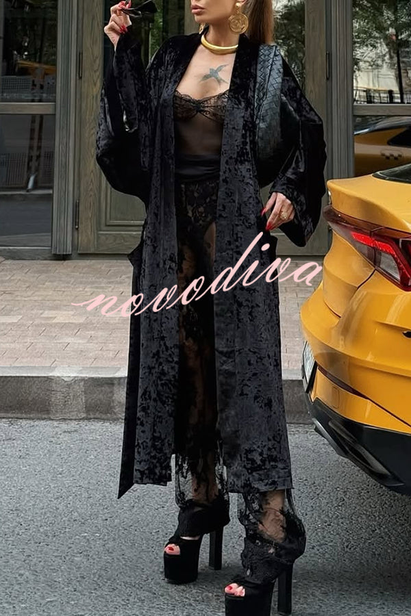 Gorgeous Glossy Velvet Long Bell Sleeve Tie-up Pocket Midi Kimono Coat