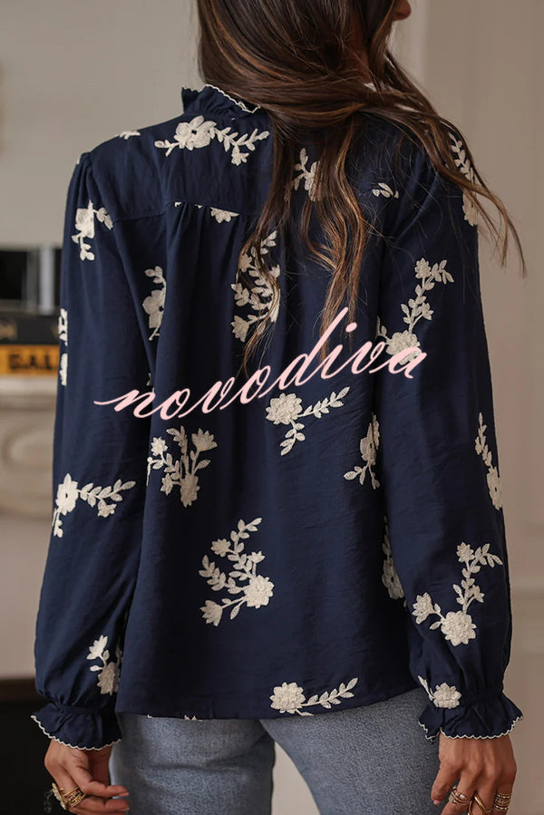 Floral Embroidery Long-Sleeved Button-Up Elegant Shirt