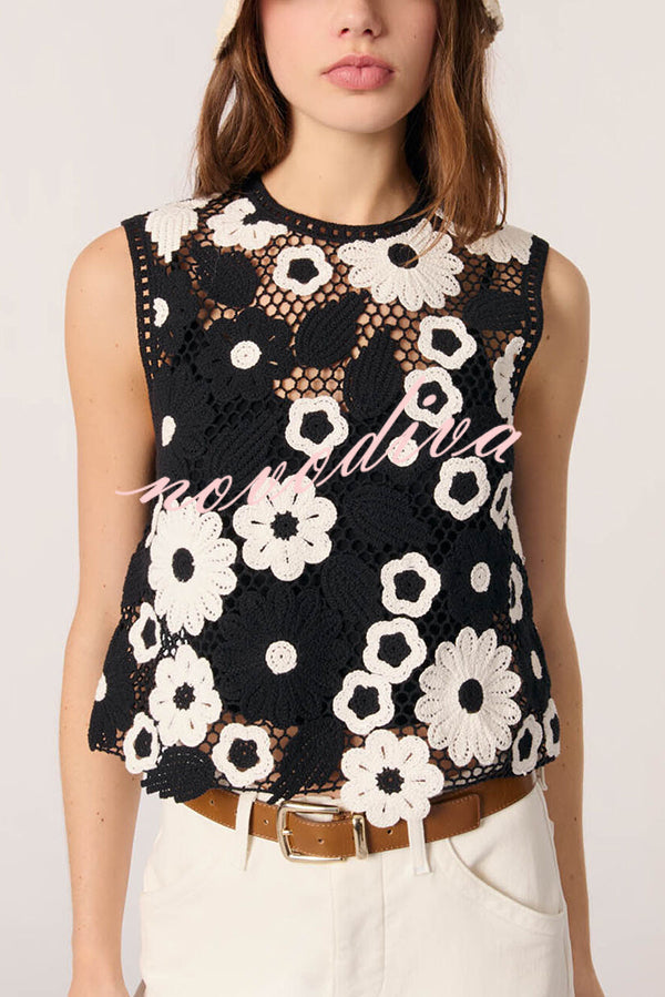 Fashionable Embroidered Hollow Crochet Sleeveless Round Neck Knitted Vest