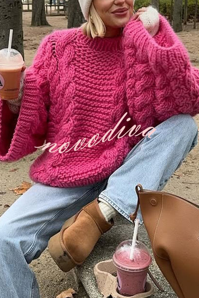 Solid Color Loose Round Neck Long Sleeve Casual Knitted Sweater