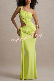 Sexy One-shoulder Backless Ribbon Pleated Slim Maxi Dress