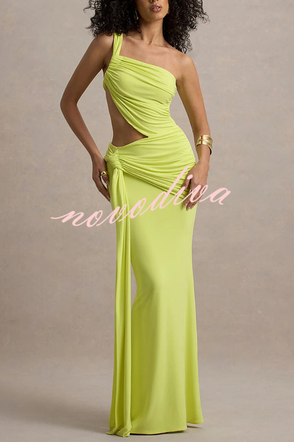 Sexy One-shoulder Backless Ribbon Pleated Slim Maxi Dress