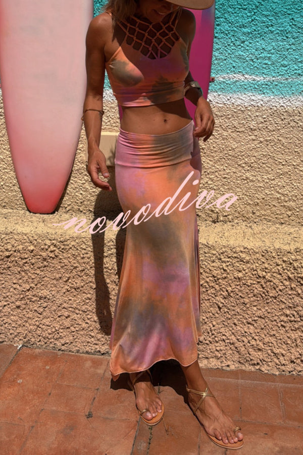 Boho Style Tie-dye Hollow Straps Neck Tank and High Rise Slit Stretch Maxi Skirt Set