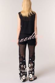Fashionable Embroidered Hollow Crochet Sleeveless Round Neck Knitted Vest