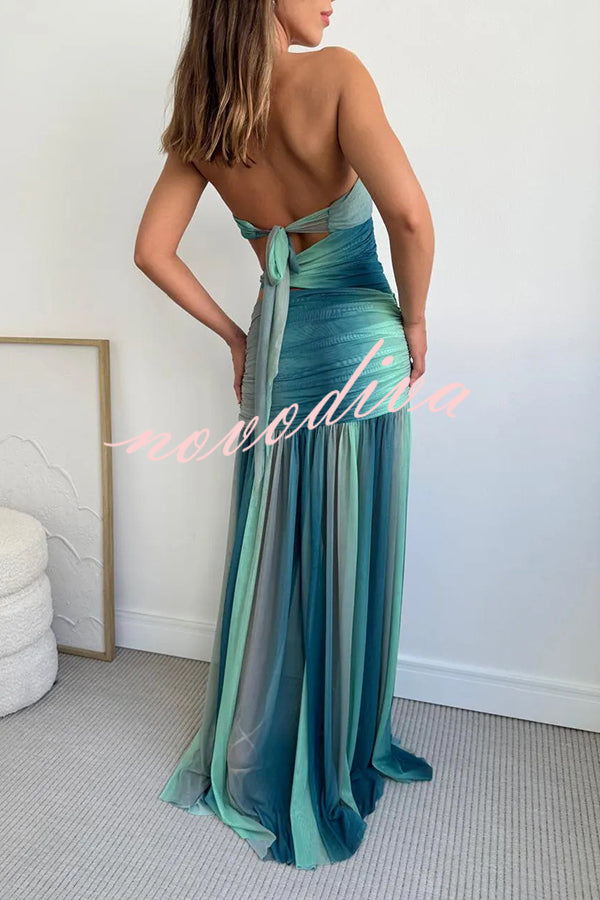 Soleil Mesh Printed Starfish Pendant Ruched Cutout Off Shoulder Maxi Dress