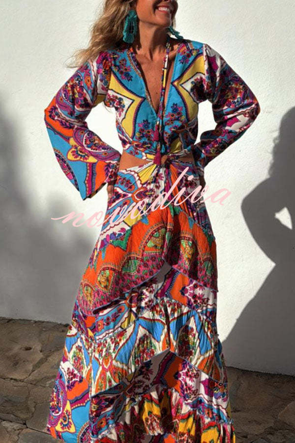 Colorful Day Unique Print Bell Sleeve Cutout Waist Layered Maxi Dress