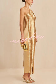 Sexy Allnight Metallic Halterneck Backless Fringed Slit Maxi Dress