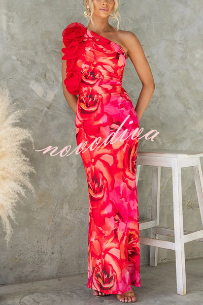 Floral Print Sleeveless 3D Flower One Shoulder Slim Maxi Dress